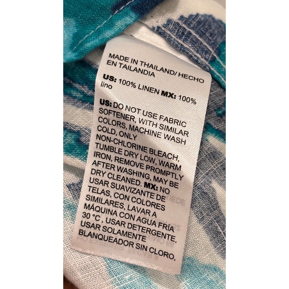 Chico's 100% Linen Tropical Leaf Print Button Down Shirt White Teal Blue Size 2 - Picture 5 of 8